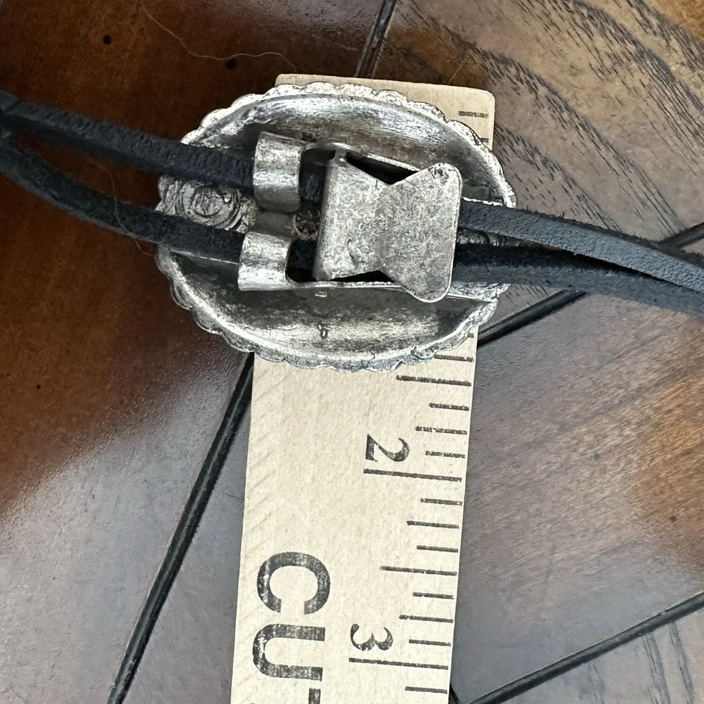 Vintage Western Bolo Tie 40 Inch Silver Plated Brass Concho Black Leather Cord